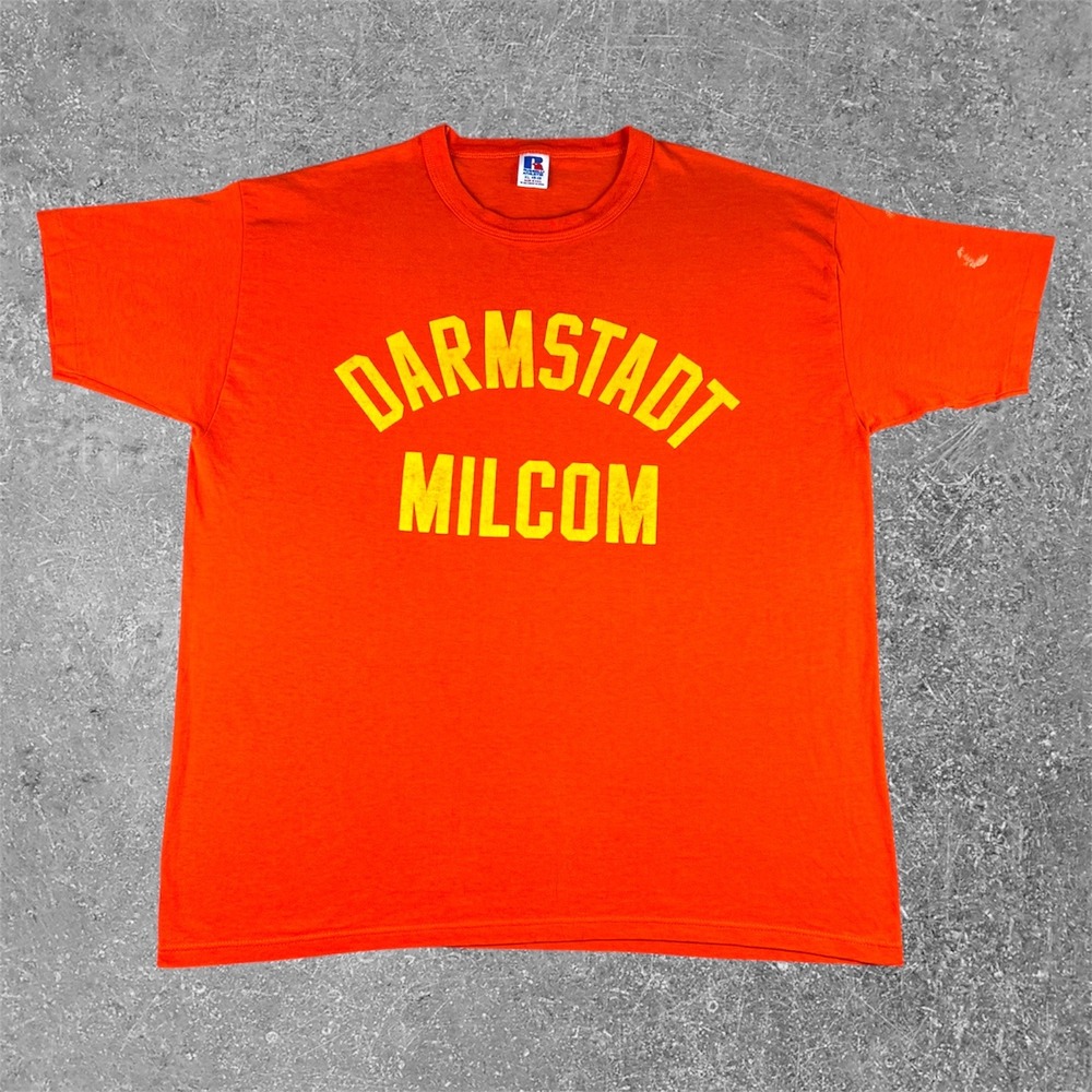 Vintage 80s Russell Athletic Darmstadt Milcom Orange T-Shirt Mens XL Military
